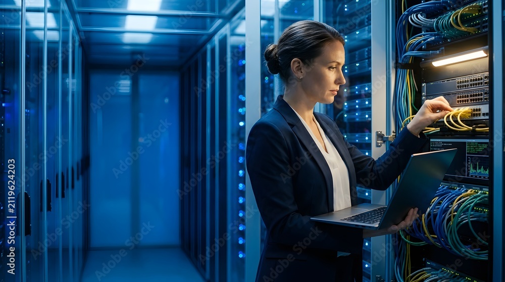 Fototapeta premium IT professional working in a dark server room