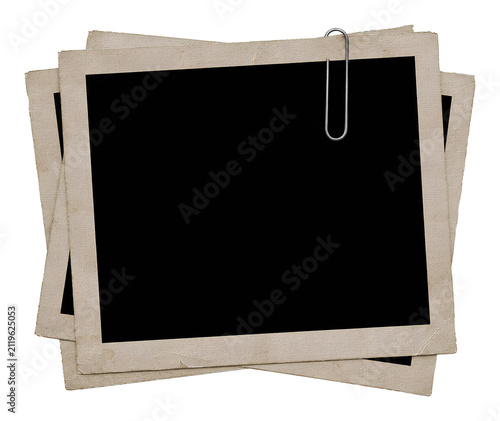 vintage photo frame mockup stack with textured paper borders and shiny paper clip isolated on transparent background