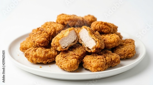 A pile of crispy golden fried chicken nuggets on a white plate isolated on white background