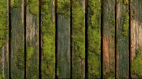 Rustic Weathered Wooden Fence Planks Covered With Vivid Green Moss Texture In Natural Forest Setting