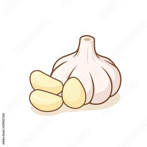 Semi flat whole garlic arrangement with peeled garlic cloves illustration