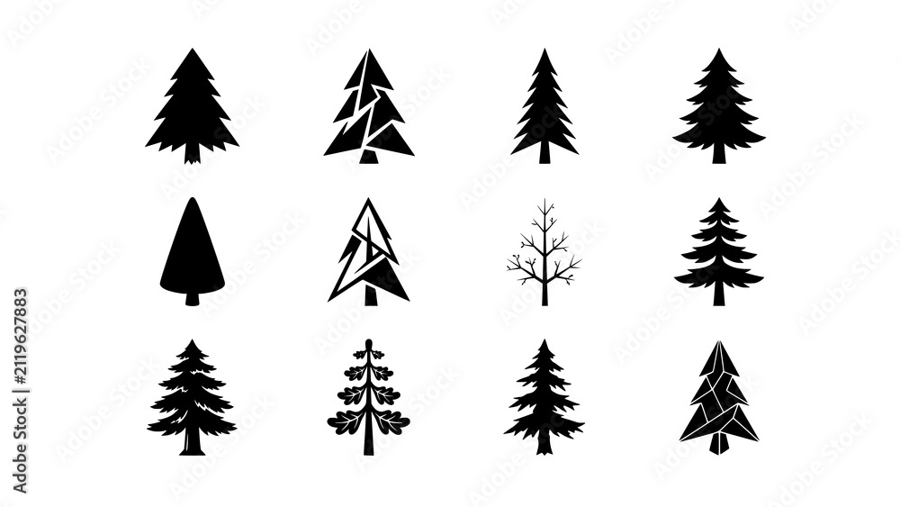 Obraz premium Set of twelve black silhouette pine trees and evergreen forest icons on white background
