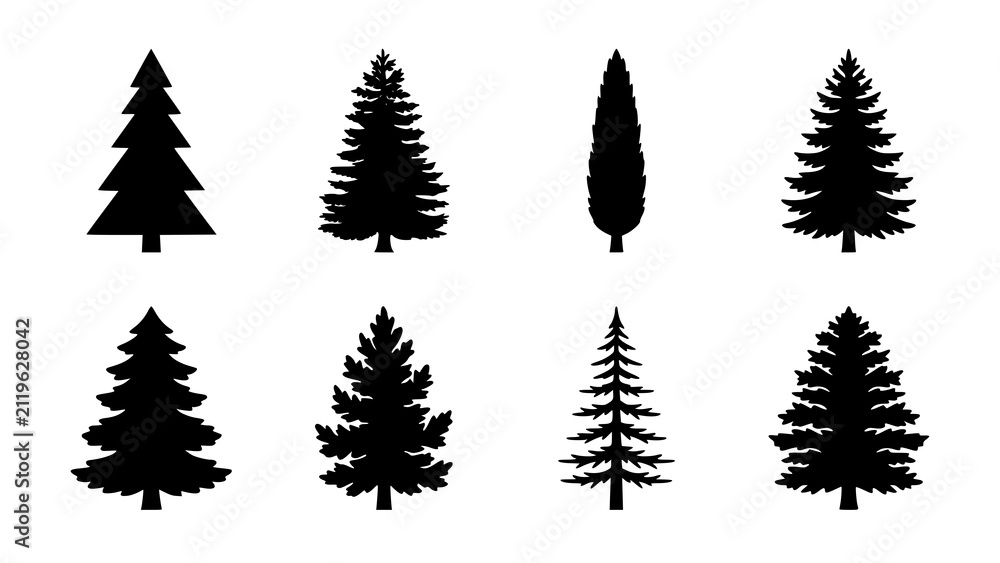 Obraz premium Set of black silhouettes of various coniferous trees isolated on a white background