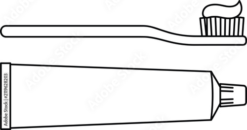 Simple black and white outline toothbrush with dollop paste beside a horizontal toothpaste squeeze tube vector icon