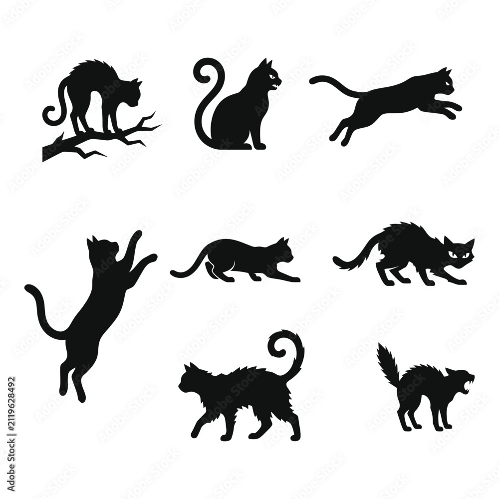 Obraz premium Set of black cat silhouettes in various poses including jumping sitting and walking isolated on white