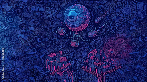 Foto Intricate Surreal Psychedelic Illustration of a Giant Eyeball Hot Air Balloon Fl