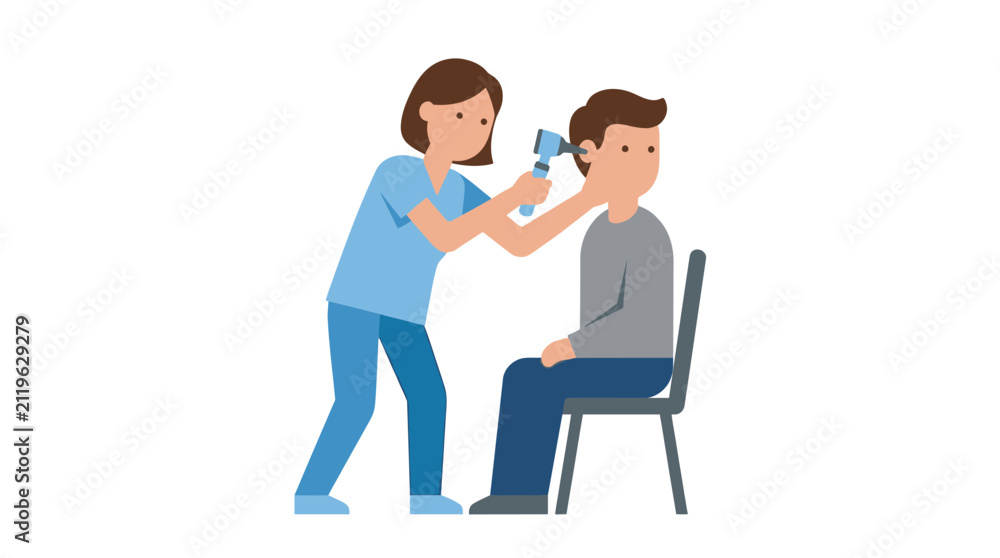 Obraz premium Doctor examining patient's ear with otoscope, medical checkup illustration