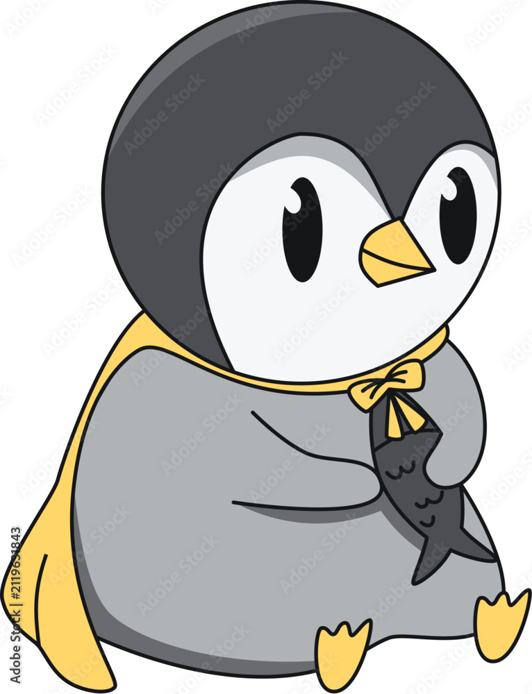 Obraz premium Flat penguin superhero character holding fish education learning