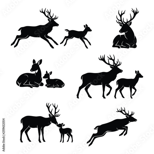 Collection of black silhouettes of deer and fawns in various poses isolated on white background