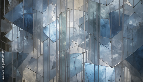 Abstract glass shards background. Geometric blue crystal structure with light reflections.