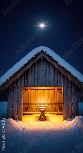 A rustic wooden stable sits under a glowing star in a snowy winter landscape at night with golden light emanating from an empty manger, hay, shining, magical