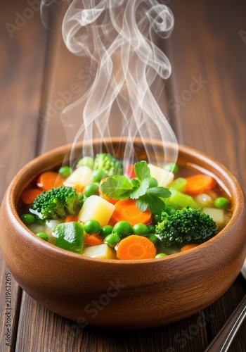 A steaming hot vegetable soup sits in a rustic wooden bowl on a dark wood table, featuring fresh herbs and a warm, inviting atmosphere, texture, warm, meal