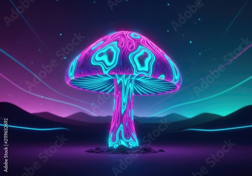 A surreal glowing mushroom displays vibrant neon colors as it morphs through fluid patterns in a dreamlike, digital psychedelic landscape, digital, movement, flow