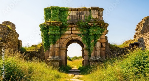 A weathered stone archway stands as a majestic entrance to an ancient ruin, surrounded by crumbling walls and overgrown wild vegetation, door, building, weathered
