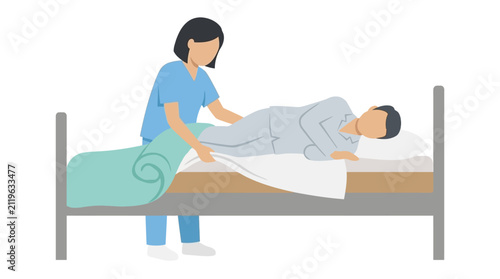 Nurse Helping Patient Turn in Bed, Caregiver Assisting Elderly Man, Medical Assistance