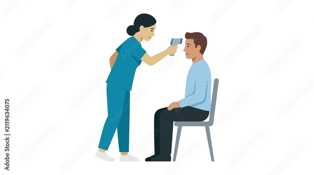 Fototapeta premium Nurse taking patient's temperature with infrared thermometer, healthcare concept