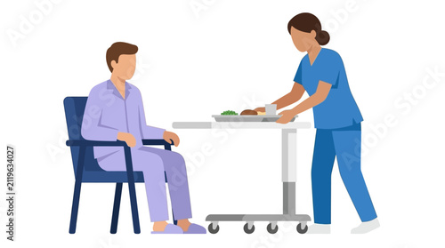 Nurse serving meal to patient in hospital room, healthcare concept