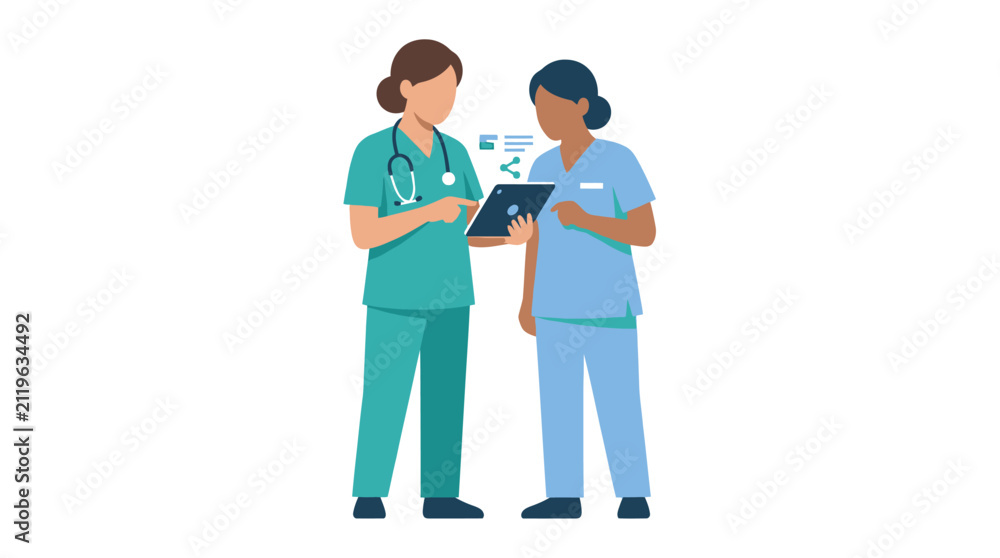 Fototapeta premium Two nurses in scrubs looking at a tablet, discussing medical data