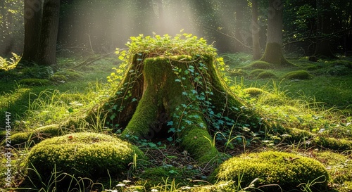 Sunlight filters into a serene forest glade where tangled vines, thick moss, and wild ferns slowly creep toward the center of the clearing, ethereal, foliage, secluded