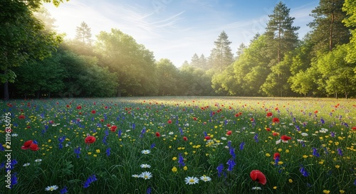Wide cinematic shot of an expansive flower meadow with soft grass, encircled by a thick forest under a golden morning light during spring, scenic, soft, vibrant