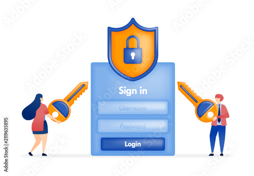 Security in sign-in with shielded padlock and key held by two people, illustration for cybersecurity and digital protection concept