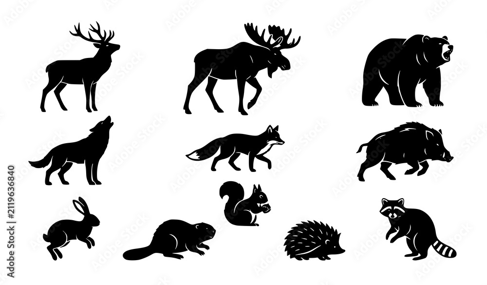 Obraz premium Animals Including Deer, Moose, Bear, Wolf, Fox, Boar, Rabbit, Beaver, Squirrel, Hedgehog, and Raccoo