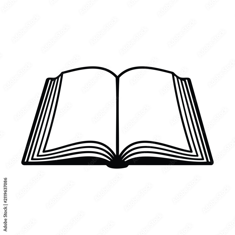 Fototapeta premium Open book icon with pages shown in a simple black outline style on a white background.