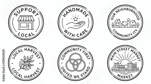 Set of circular local business and community support line art stamp badges