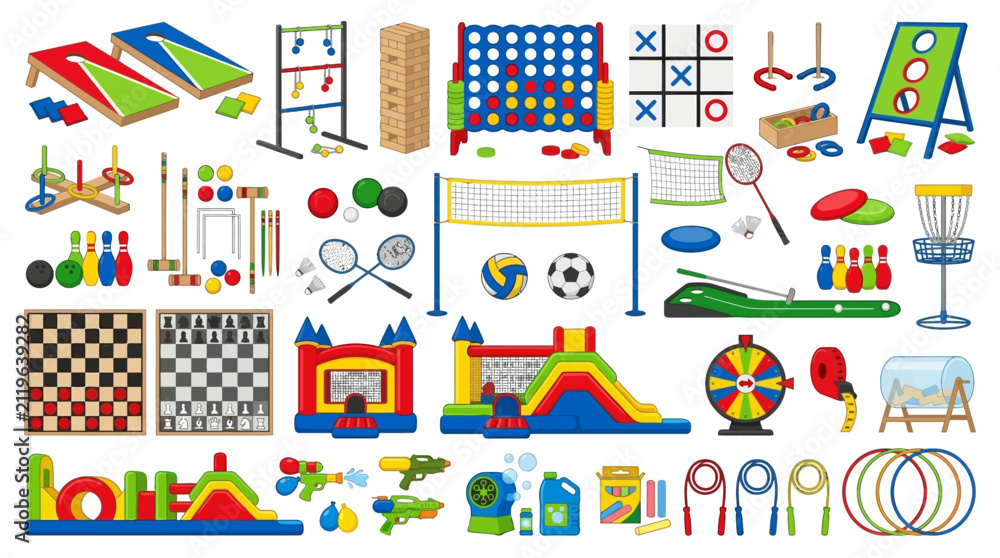 Naklejka premium A vast collection of various outdoor and indoor children's game equipment is neatly arranged on a solid white background for retail presentation.