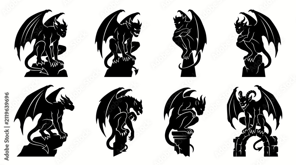 Fototapeta premium Set of eight detailed black silhouettes of gothic gargoyle statues isolated on a plain white background design