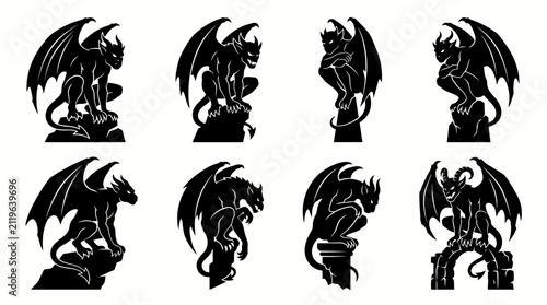 Foto Set of eight detailed black silhouettes of gothic gargoyle statues isolated on a