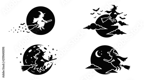 Foto Set of four black and white halloween witch silhouettes flying on broomsticks ag