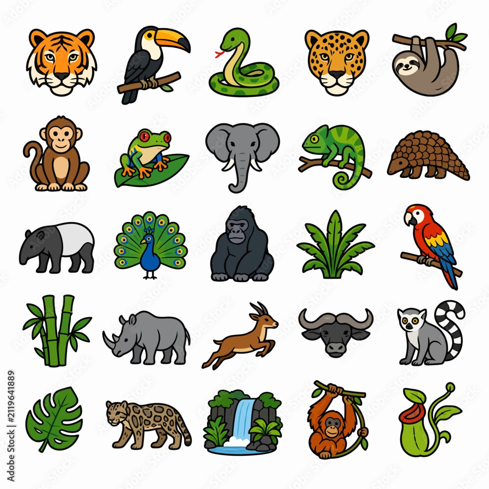 Obraz premium Colorful cartoon collection of wild animals and plants.