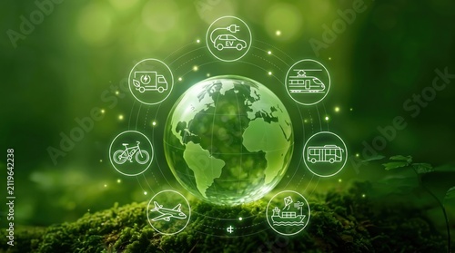 Green transportation and eco-friendly mobility concept with electric vehicles, bicycles and public transit surrounding a glowing planet earth globe representing sustainable travel.