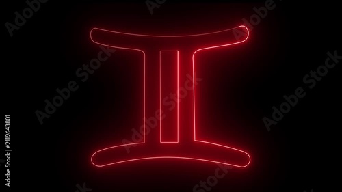 Neon red color Zodiac sign on black background. 4k 