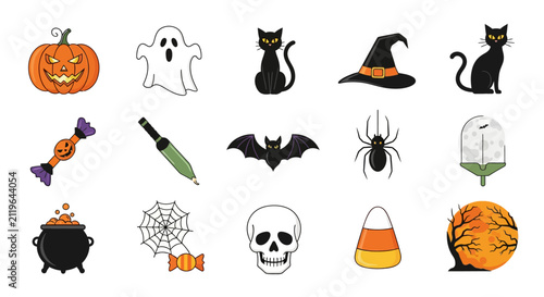 Fotografie Halloween Spooky Elements Set with Pumpkin Ghost Cat and Cauldron
