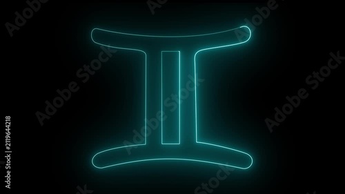 Neon cyan color Zodiac sign on black background. 4k 