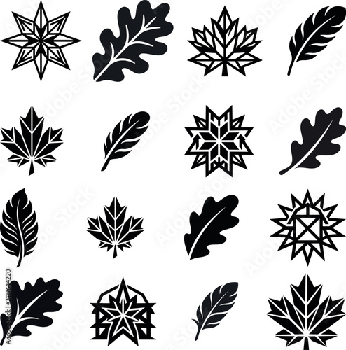 Autumn Leaf and Snowflake Vector Icons Set Black Silhouette Pack