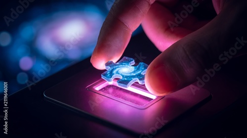 Glowing cosmic puzzle piece concept showcasing glowing galaxy texture, precise fitting placement and neon illumination, representing technological solution and cosmic discovery