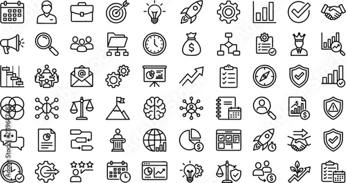 Business management line icons set, professional corporate strategy and startup growth symbols, 60 thin line vector elements for web and app design