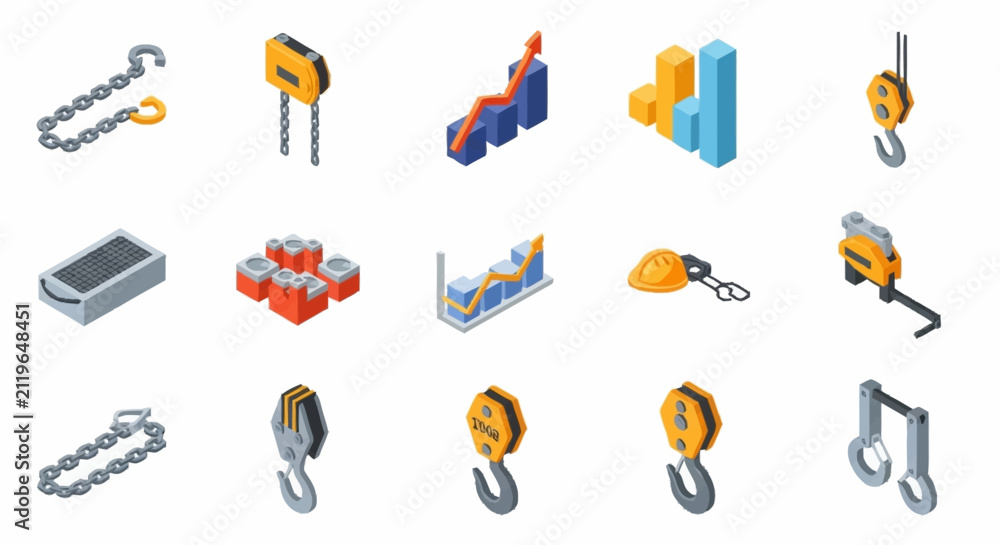 Obraz premium Colorful isometric icons of tools and hardware equipment.