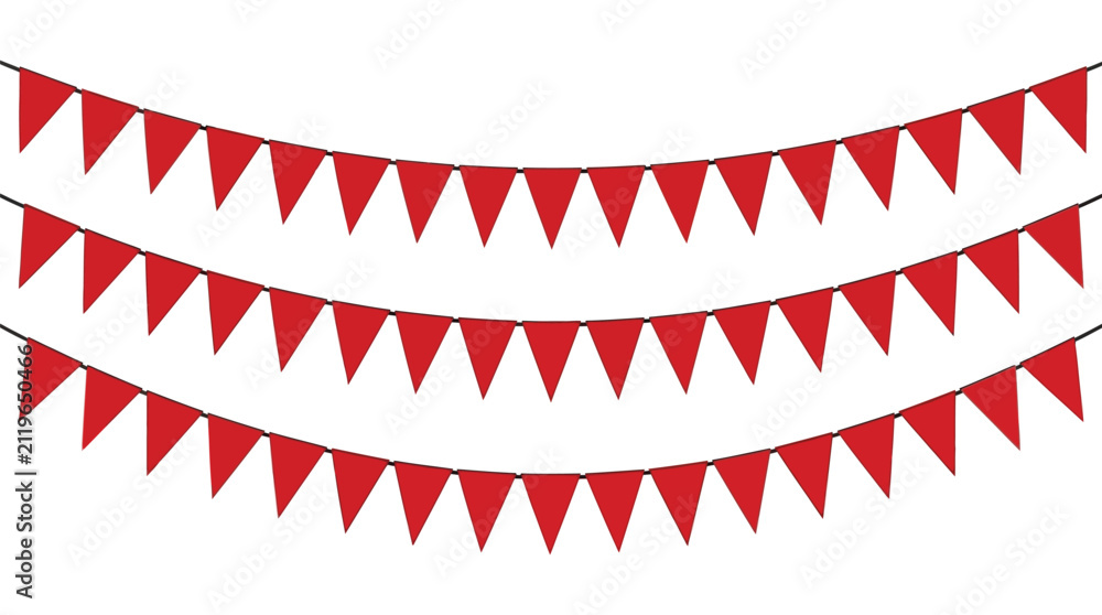 Fototapeta premium Red triangular pennant flags garland hanging on three strings for party and festival decoration