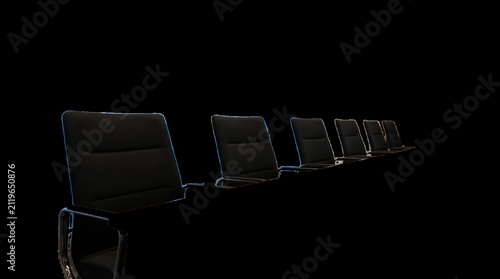 Row of black office chairs in perspective.
