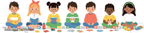 Konstfotografi Diverse Group of Multiethnic Cute Children Sitting Cross Legged on Floor Reading