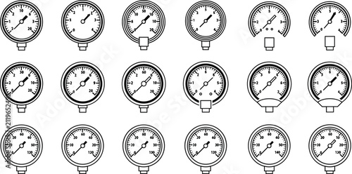 Pressure Gauge Line Icon Set Featuring Industrial Manometers Dial Meters and Measurement Instruments for Engineering Plumbing and Gas Equipment Graphic Designs