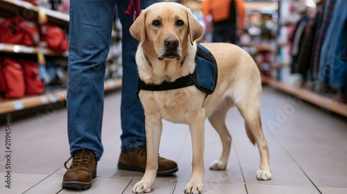 A yellow Labrador service dog wearing a harness stands attentively beside its handler inside a retail store aisle