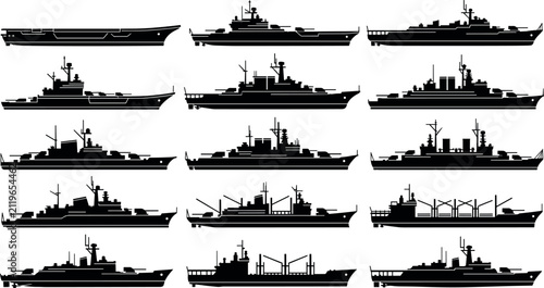 Obraz na płótnie Warship and Military Navy Ship Silhouette Icon Set Featuring Aircraft Carriers,