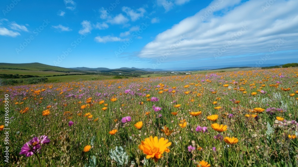 Obraz premium Vast Field of Colorful Wildflowers Under a Blue Sky