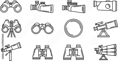 Obraz na płótnie Binoculars and Telescope Line Icon Set Featuring Optical Equipment, Monoculars,