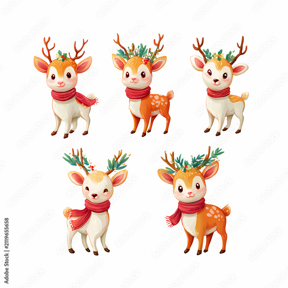 Obraz premium Cute Watercolor Christmas Baby Reindeer Set with Red Scarves and Pine Antlers for Holiday Stickers, Nursery Wall Art, and Seasonal Greeting Cards.